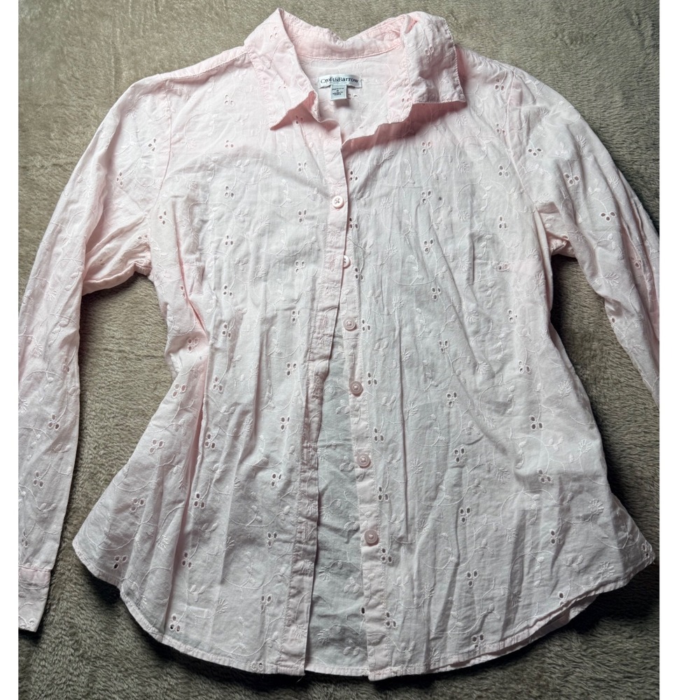 Croft & Barrow Pink Eyelet Cotton Button Shirt Petite Small Coquette Feminine